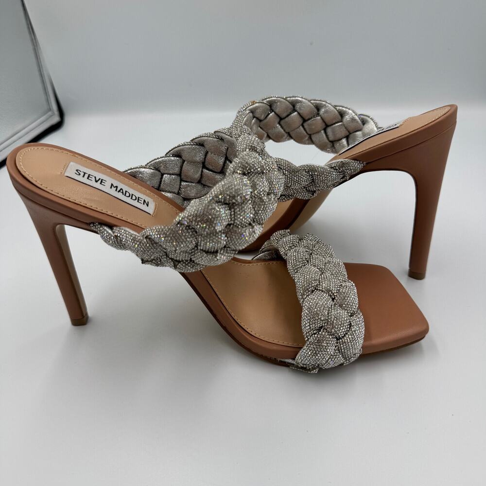 Steve Madden Kenley Silver Rhinestone Braided Double Strap Stiletto Mule Heel 10 - Picture 15 of 16
